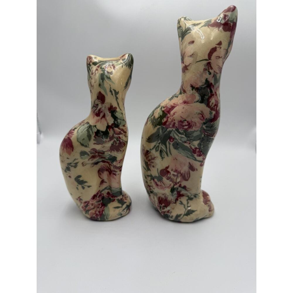 Vintage Floral Decoupage cat Figurines pair size 11 & 9 Cottagecore decor - Picture 3 of 6